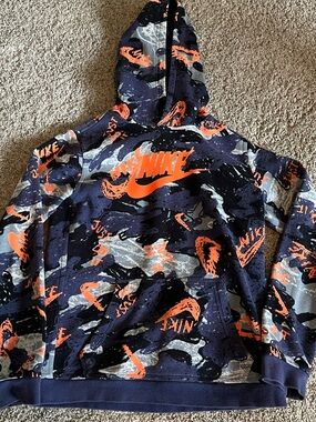 Nike Kids Navy Camo Hoodie with Bright Orange Logo